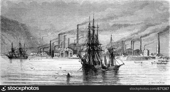 Swansea factories and docks, vintage engraved illustration. Le Tour du Monde, Travel Journal, (1865).