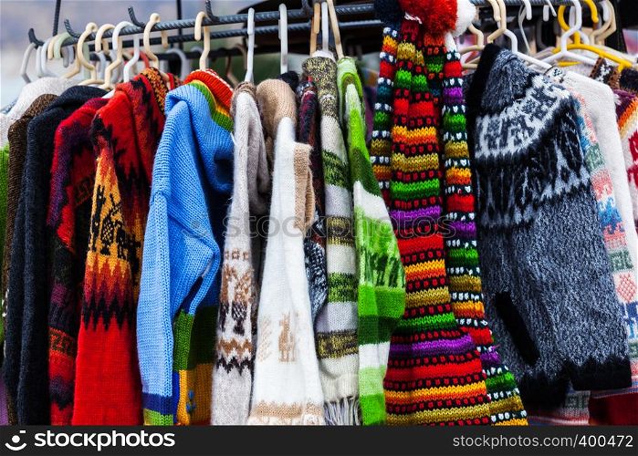 sweaters from alpaca wool on the market in Peru