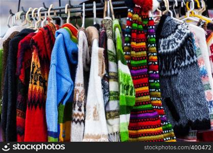 sweaters from alpaca wool on the market in Peru