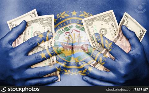 Sweaty girl covered her breast with money (dollars), flag of New Hampshire