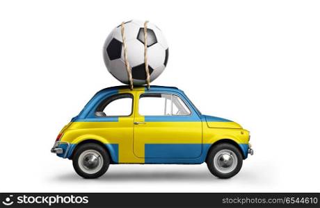 Sweden football car. Sweden flag on car delivering soccer or football ball isolated on white background