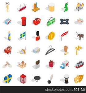 Sweden icons set. Isometric style of 36 active style vector icons for web isolated on white background. Sweden icons set, isometric style