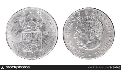 "Swedish 1 Krona aka "Crown" coin from 1969 with King Gustaf VI Adolf of Sweden."
