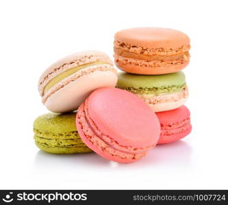 Sweet and colourful french macaroons or macaron on white background, Dessert.