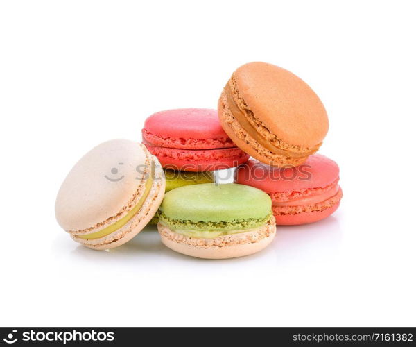 Sweet and colourful french macaroons or macaron on white background, Dessert.