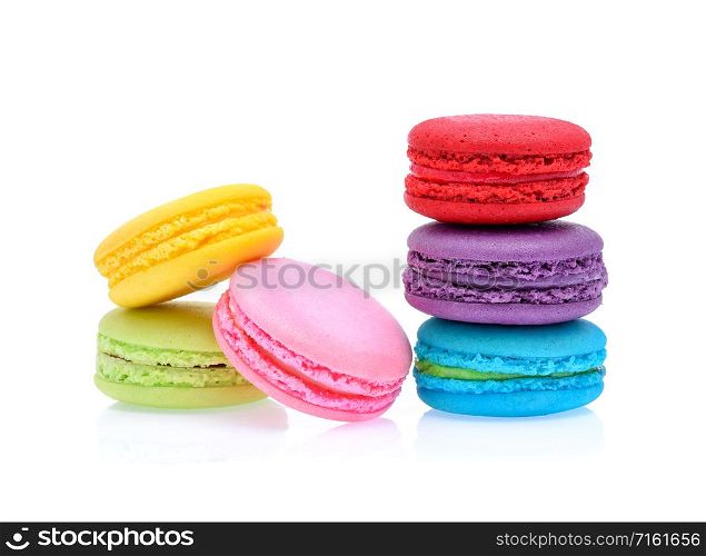 Sweet and colourful french macaroons or macaron on white background, Dessert.