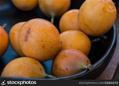 Sweet and Fresh Group of Granadilla or Grenadia: Passion Tropical Exotic Fruits