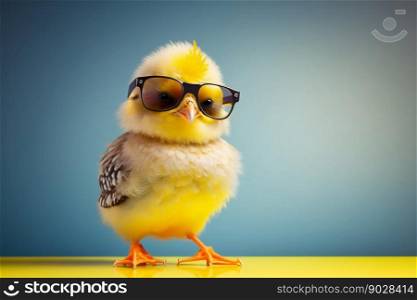 Sweet and funny baby chick wearing in fashion sunglasses. Generative AI. High quality illustration. Sweet and funny baby chick wearing in fashion sunglasses. Generative AI