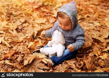 Sweet baby boy having fun in autumn park, sitting on the ground covered with dry leaves in the forest, little baby playing with his best friend, soft toy rabbit, happy carefree childhood