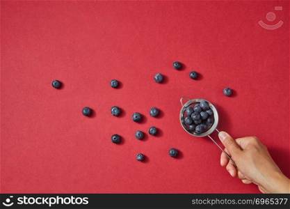 Sweet berries pattern from organic ripe fresh bluberry on red background with copy space. Healthy clean eating. Flat lay. A womens hand holds a colander with red ripe sweet blueberry on a red paper background.