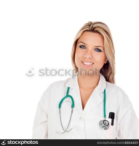 Sweet blond doctor isolated on a white background