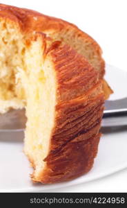 sweet bread sliced closeup over white background