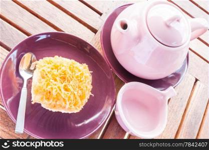 Sweet break set of hot tea and cup cake, stock photo