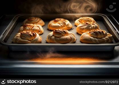 sweet buns cooling on baking tray, created with generative ai. sweet buns cooling on baking tray