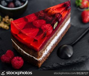 Sweet cake with fresh berries and jelly on old stone board