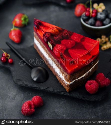 Sweet cake with fresh berries and jelly on old stone board