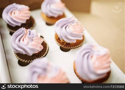 Sweet cakes with biscuit cream on parchment paper sheet closeup view