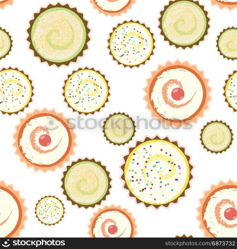 Sweet cape cakes pattern on white background. Seamless.. Sweet seamless cape cakes pattern with 3 different cakes on white background.