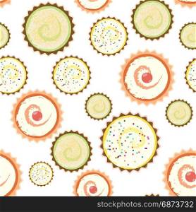 Sweet cape cakes pattern on white background. Seamless.. Sweet seamless cape cakes pattern with 3 different cakes on white background.