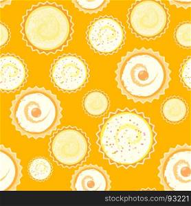 Sweet cape cakes pattern on white background. Seamless.. Sweet seamless cape cakes pattern with 3 different cakes on yellow background.