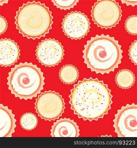 Sweet cape cakes pattern on white background. Seamless.. Sweet seamless cape cakes pattern with 3 different cakes on red background.