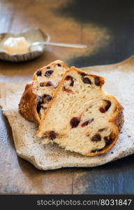 Sweet challah bread with chocolate and cranberries, slised, closeup