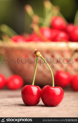 Sweet cherries in basket outdoor