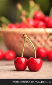Sweet cherries in basket outdoor
