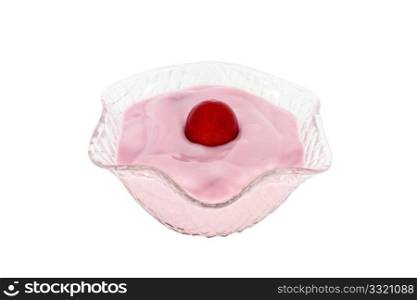 Sweet cherry yoghurt in glass bowl isolated on white