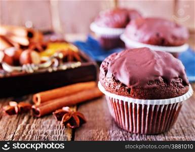 sweet chocolate muffins and aroma spice on a table