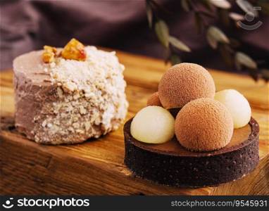 Sweet chocolate tart dessert and mini Kyiv cake