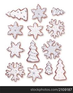 Sweet Christmas gingerbread cookies collection with white sugar icing decoration, isolated on white background