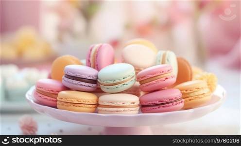 Sweet colorful macaroons in plates on the table. Generative AI