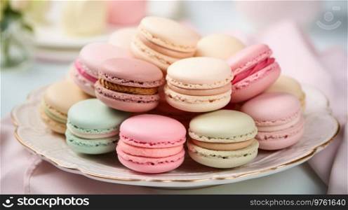 Sweet colorful macaroons in plates on the table. Generative AI