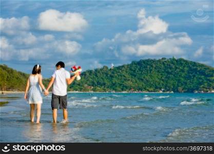 sweet couples walking by hand in hand along the beach with gentle ripple