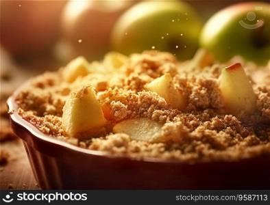 Sweet crumble cake with apples and cinnamon on table.AI generative
