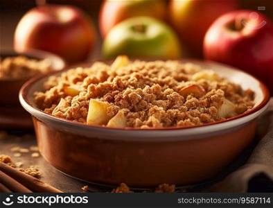 Sweet crumble cake with apples and cinnamon on table.AI generative