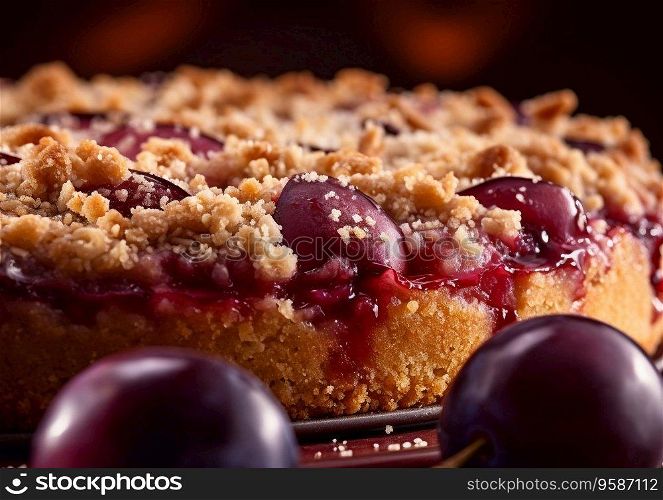 Sweet crumble cake with fresh plums.AI generative