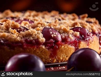 Sweet crumble cake with fresh plums.AI generative