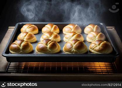 sweet crunchy buns baking in oven on baking tray, created with generative ai. sweet crunchy buns baking in oven on baking tray