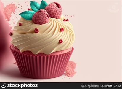 Sweet cupcake with raspberry. Illustration Generative AI