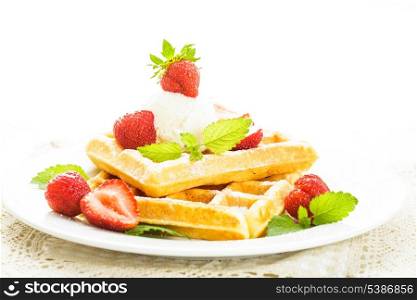 Sweet food - waffles with strawberry and ice cream