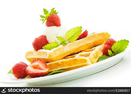 Sweet food - waffles with strawberry and ice cream