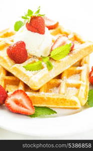 Sweet food - waffles with strawberry and ice cream