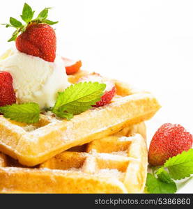 Sweet food - waffles with strawberry and ice cream