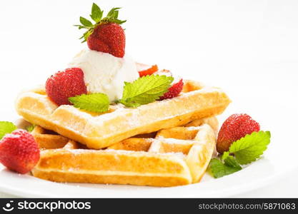 Sweet food - waffles with strawberry and ice cream