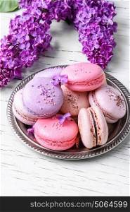 Sweet french macaroons. Colorful macarons cake and branch of lilac blossoms
