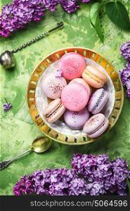 Sweet french macaroons. macarons cake and branch of springtime lilac blossoms