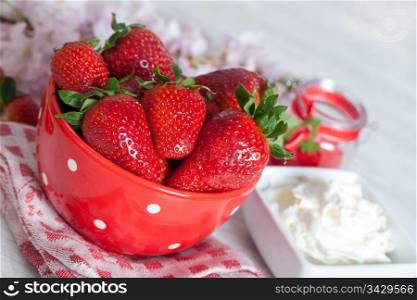 Sweet fresh strawberries in a red bowl