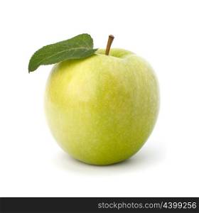 Sweet green apple with leaf isolated on white background
